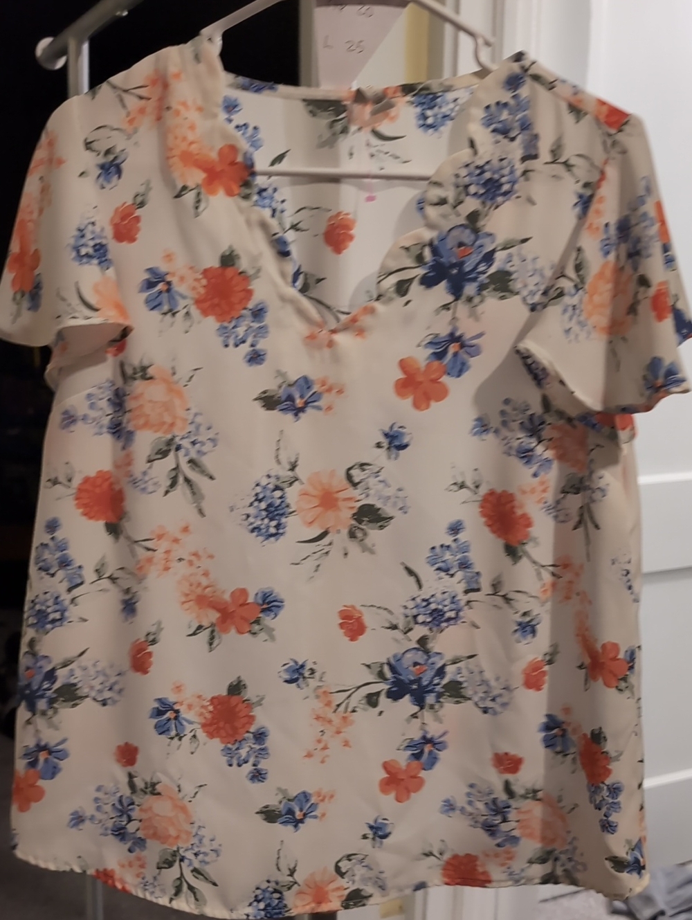 Cato Cream Floral V-Neck Blouse with Blue & Coral Blooms